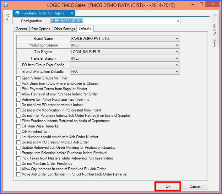 fmcg purchase order configuration defaults